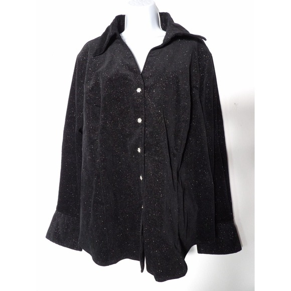 Susan Graver Style Jacket Black Glitter Faux Suede Black Rhinestone Button 1X Ne - Picture 2 of 10